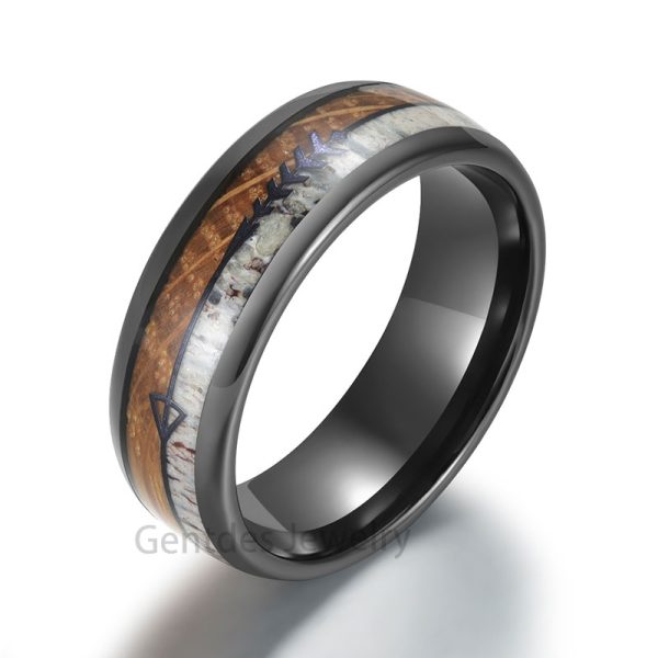 Wedding Band with Whiskey Barrel Wood, Ceramic Wedding Ring, 8mm Width