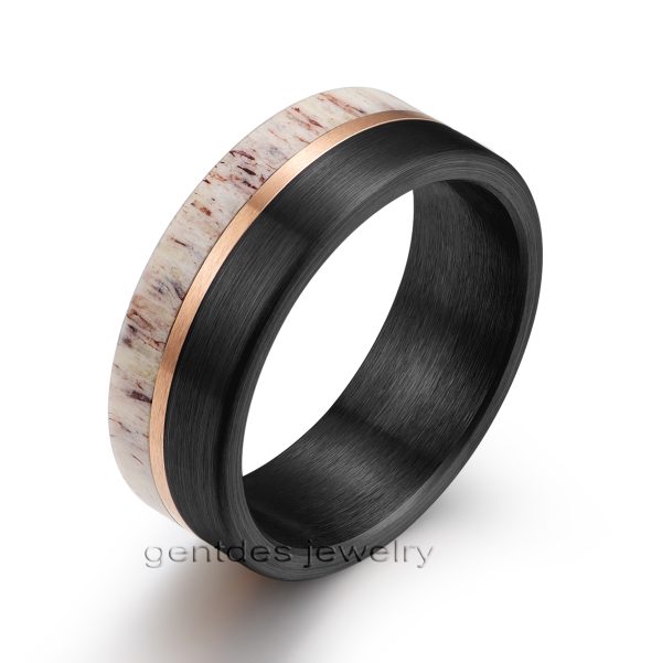 8MM Wood Ring,Antler Ring,Black Wood Ring,Men Wedding Bands,Rose Gold Plated