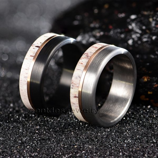 8MM Wood Ring,Antler Ring,Black Wood Ring,Men Wedding Bands,Rose Gold Plated - 图片 5