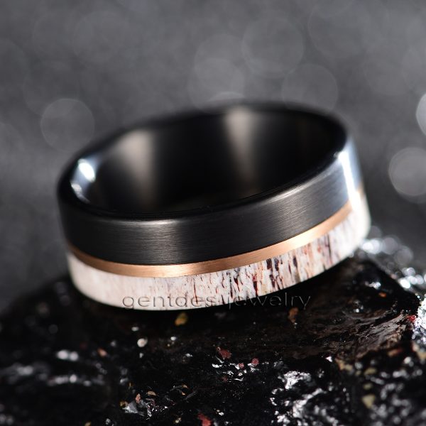 8MM Wood Ring,Antler Ring,Black Wood Ring,Men Wedding Bands,Rose Gold Plated - 图片 2