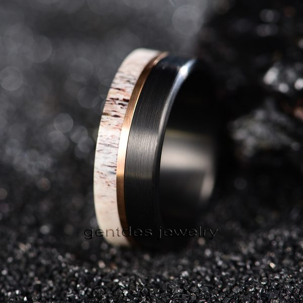 8MM Wood Ring,Antler Ring,Black Wood Ring,Men Wedding Bands,Rose Gold Plated - 图片 3