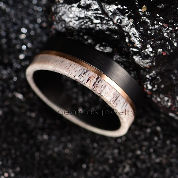 8MM Wood Ring,Antler Ring,Black Wood Ring,Men Wedding Bands,Rose Gold Plated - 图片 4