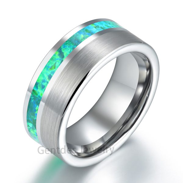 Black Tungsten Ring, Comfort Fit, opal Ring, Wedding Bands