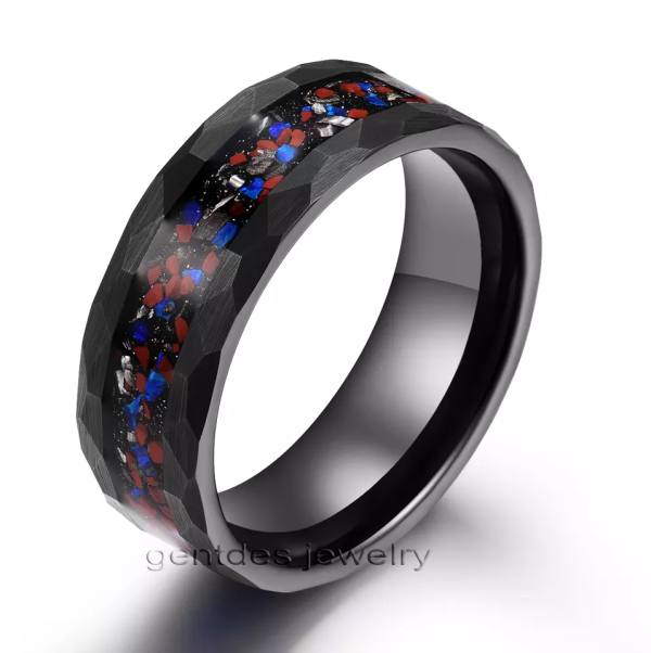 Brushed Black Tungsten Ring, Colorful Stone and Meteorite Ring, Black Hammered Tungsten Ring, Wedding Ring