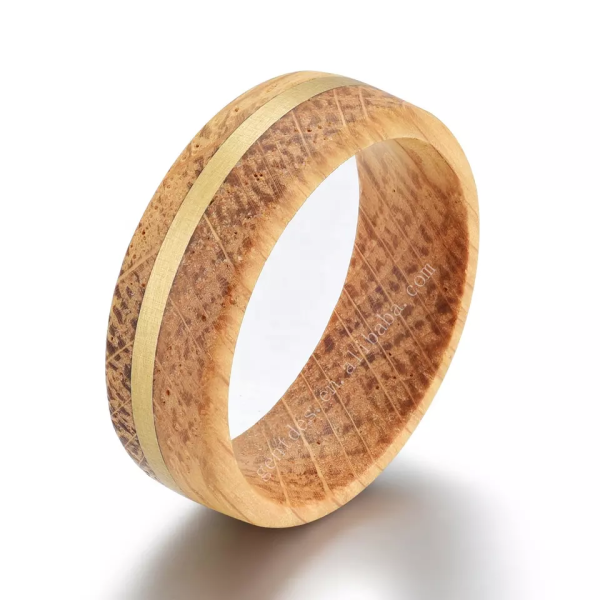 Whisky Barrel Wood Ring Band, Brass Inlay Men's Ring, Comfort Fit 8mm, Ring for Men