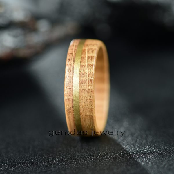 Whisky Barrel Wood Ring Band, Brass Inlay Men's Ring, Comfort Fit 8mm, Ring for Men - 图片 2