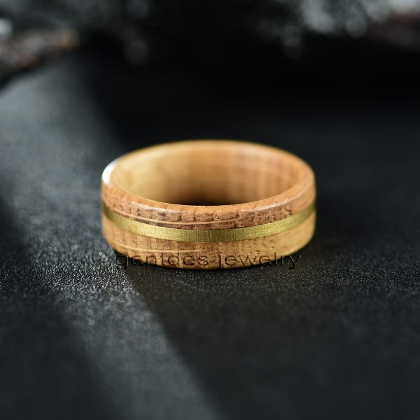 Whisky Barrel Wood Ring Band, Brass Inlay Men's Ring, Comfort Fit 8mm, Ring for Men - 图片 3