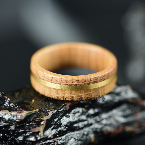 Whisky Barrel Wood Ring Band, Brass Inlay Men's Ring, Comfort Fit 8mm, Ring for Men - 图片 5